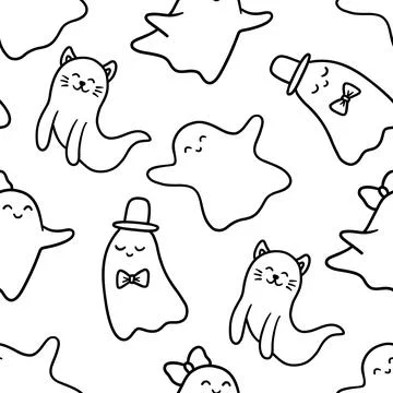 Vector Seamless pattern with simple cute ghost, outline illustration isolated on Stock Illustration