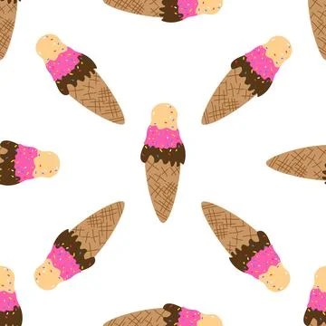 Vector seamless pattern of a simple flat ice cream cone. Melted cream, chocolate Stock Illustration