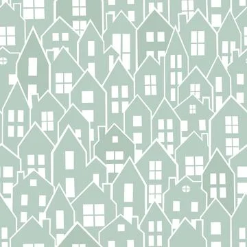 Vector seamless pattern with simple houses Silhouette on light blue background Stock Illustration