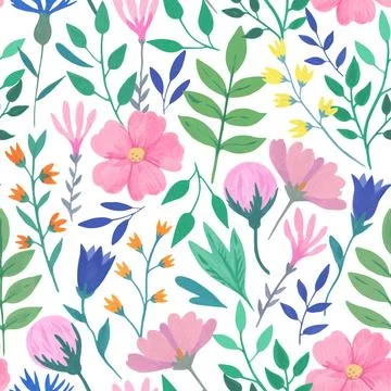 Vector seamless pattern with simple romantic pink flowers. Hand-drawn illus.. イラスト素材