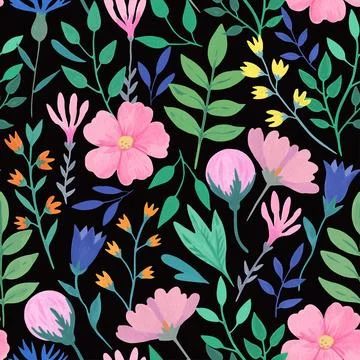 Vector seamless pattern with simple romantic pink flowers. Hand-drawn illus.. イラスト素材