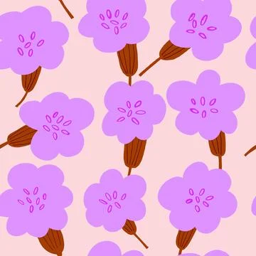 Vector seamless pattern with simple violet flowers on beige background. Simple Illustrazione stock