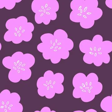Vector seamless pattern with simple violet flowers on dark background. Simple Stock Illustration