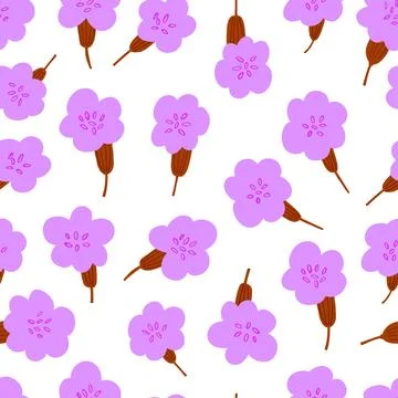 Vector seamless pattern with simple violet flowers on white background. Simple Illustrazione stock