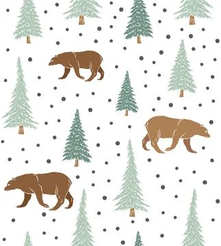 Vector seamless pattern of sketch bear and forest Stock Illustration
