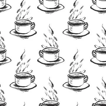 Vector seamless pattern with sketch style hand drawn cups of coffee or tea wi Stock Illustration