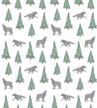 Vector seamless pattern of sketch wolf and spruce Stock Illustration