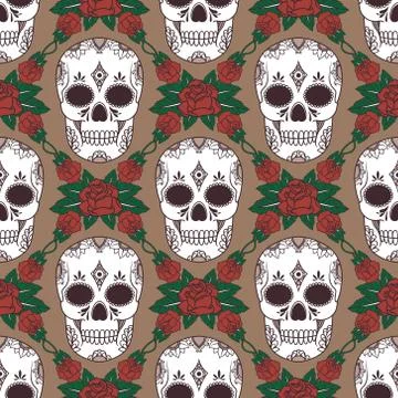 Vector seamless pattern with skulls and roses Stock Illustration