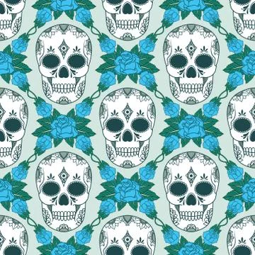 Vector seamless pattern with skulls and roses Stock Illustration