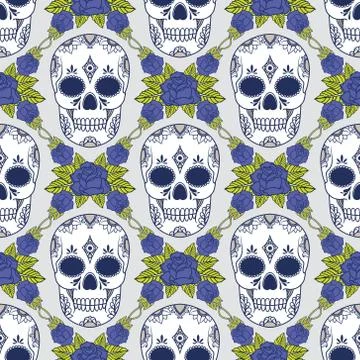 Vector seamless pattern with skulls and roses Stock Illustration