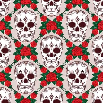 Vector seamless pattern with skulls and roses Stock Illustration