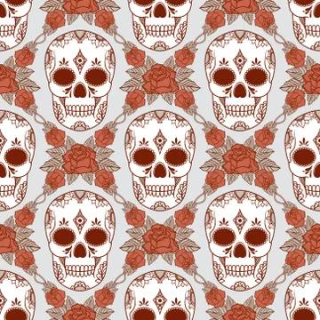 Vector seamless pattern with skulls and roses Stock Illustration