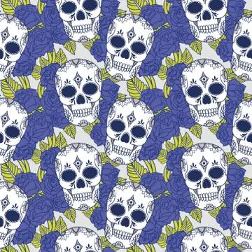 Vector seamless pattern with skulls and roses Stock Illustration