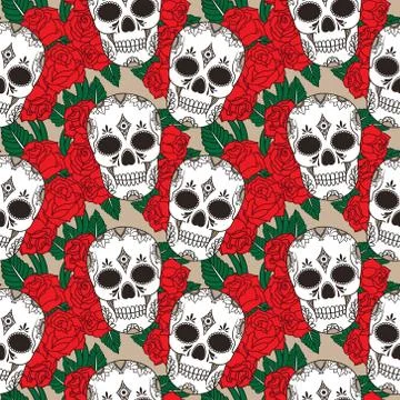 Vector seamless pattern with skulls and roses Illustrazione stock