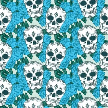 Vector seamless pattern with skulls and roses Stock Illustration