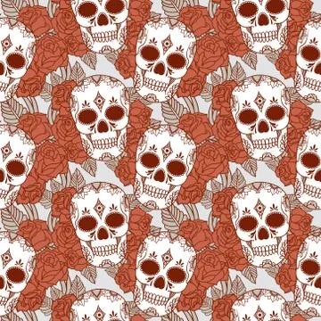 Vector seamless pattern with skulls and roses Stock Illustration