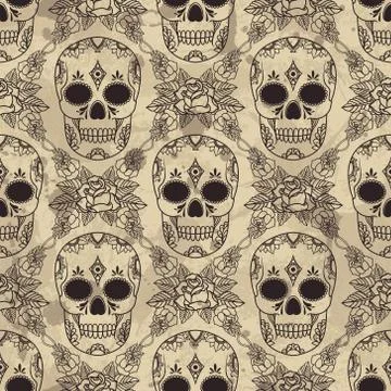 Vector seamless pattern with skulls and roses Stock Illustration