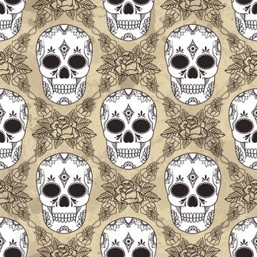 Vector seamless pattern with skulls and roses Stock Illustration