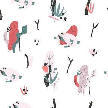 Vector seamless pattern with sloth, plants, leaves, snags Stock Illustration