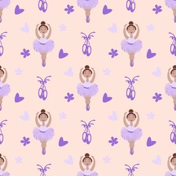 Vector seamless pattern with a small ballerina in a lilac tutu, pointe shoes 스톡 일러스트