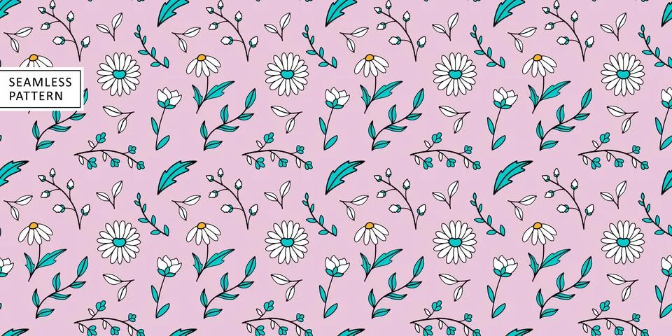 Vector seamless pattern with small green flowers, daisies, branches Stock Illustration
