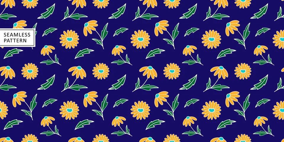 Vector seamless pattern with small yellow daisies and green leaves Stock Illustration
