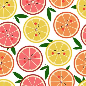 Vector seamless pattern with smiling citrus slices and green leaves in cart.. Stock Illustration
