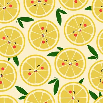 Vector seamless pattern with smiling lemon slices and green leaves in carto.. イラスト素材