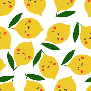 Vector seamless pattern with smiling lemons in cartoon style Stock Illustration