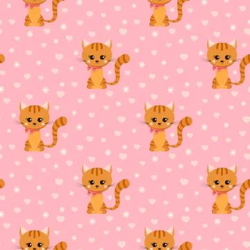 Vector seamless pattern with smiling little ginger striped cat with pink bow  Stock Illustration