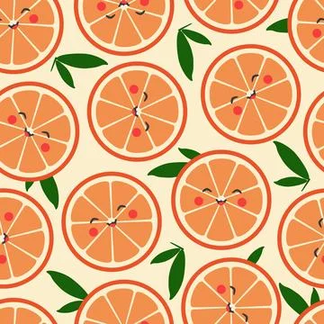 Vector seamless pattern with smiling orange slices and green leaves Stock Illustration