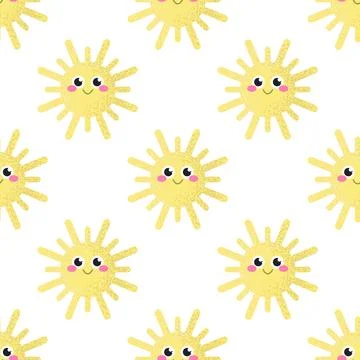 Vector seamless pattern of smiling sun with pink cheeks on white background, Illustrazione stock