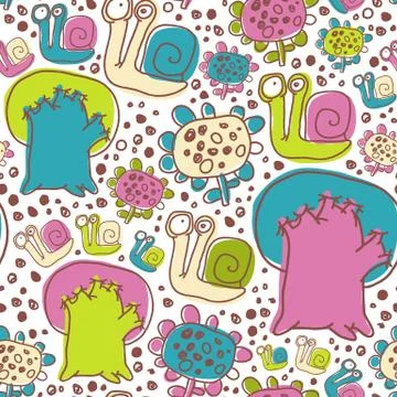 Vector Seamless Pattern with Snails Flowers and Trees Stock Illustration