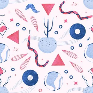 Vector seamless pattern with snake, floral elements, geometric shapes. Repeat Illustrazione stock