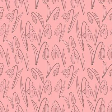 Vector seamless pattern with snowdrop flowers on a pink background. Illustrazione stock