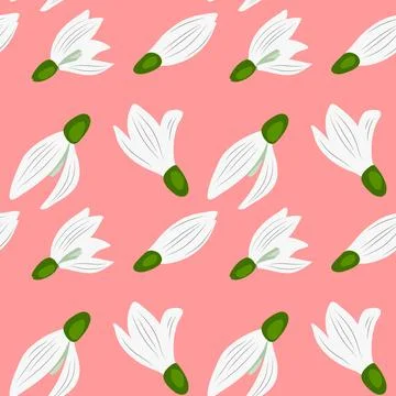 Vector seamless pattern with snowdrop flowers on a pink background. Stock Illustration