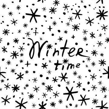 Vector seamless pattern from snowflakes in doodle style with lettering - Wint 스톡 일러스트