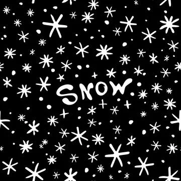 Vector seamless pattern from snowflakes in doodle style with lettering - Snow Illustrazione stock