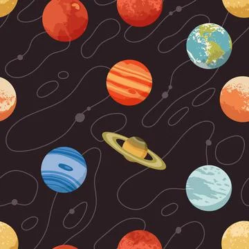 Vector seamless pattern with solar system planets and stars Stock Illustration