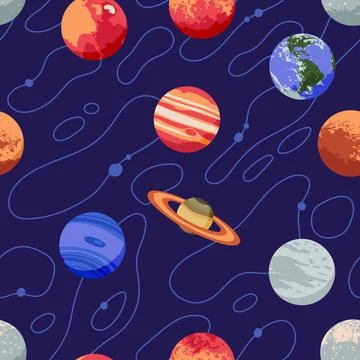 Vector seamless pattern with solar system planets and stars Stock Illustration