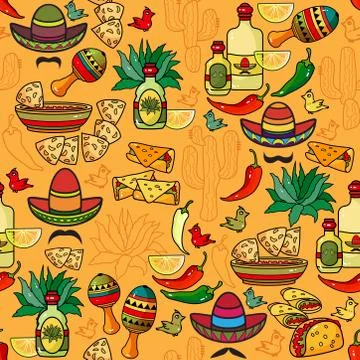 Vector seamless pattern. Sombrero, maracas, pepper, cactus. Illustrazione stock