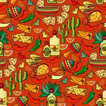 Vector seamless pattern. Sombrero, maracas, pepper, cactus. Stock-Illustration