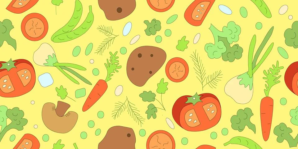Vector seamless pattern soup. vegetables on yellow background Stock Illustration
