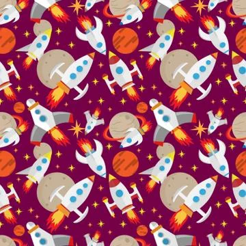 Vector seamless pattern of space ships flying in the-space among planets Stockillustratie