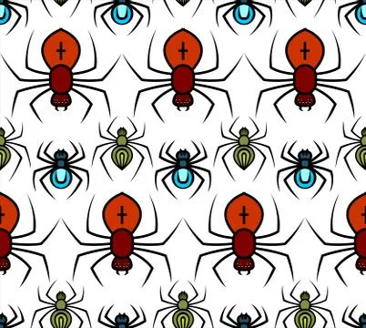 Vector Seamless Pattern Of Spiders In Different Sizes And Colors. Pattern For Illustrazione stock