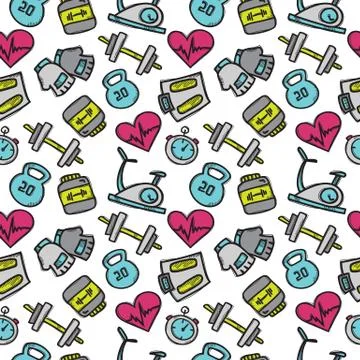 Vector seamless pattern with sport objects. Fitness accessories seamless back Stock Illustration