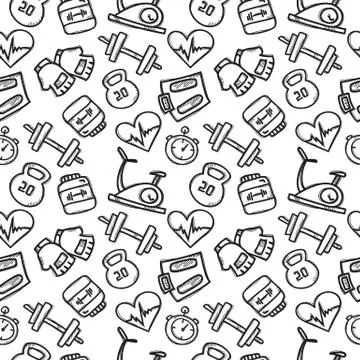 Vector seamless pattern with sport objects. Fitness accessories seamless back Stock-Illustration