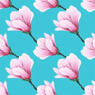 Vector seamless pattern sprig of blooming magnolia. Botanical illustration. Stock Illustration
