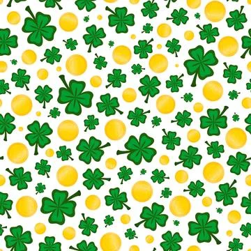 Vector seamless pattern for St. Patrick's Day. Coins and clover. Stock Illustration