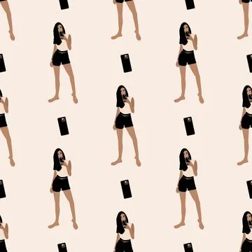Vector seamless pattern with a standing girl taking a selfie Stock Illustration